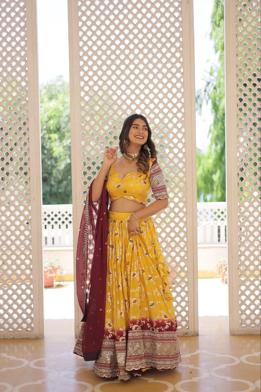 Designer yellow Dyeable - Pure Viscose Jacquard fabric Lehenga Choli & Dupatta Set