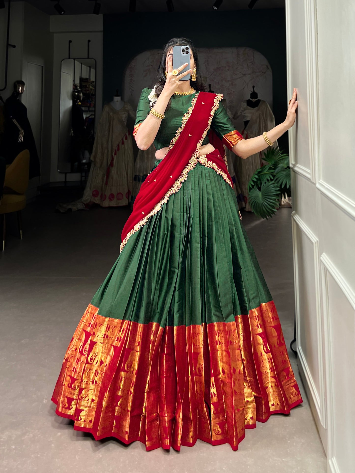 Green colour Narayan Pattu and Zari Weaving Work lehenga and dupatta