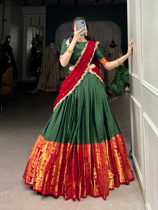 Green colour Narayan Pattu and Zari Weaving Work lehenga and dupatta