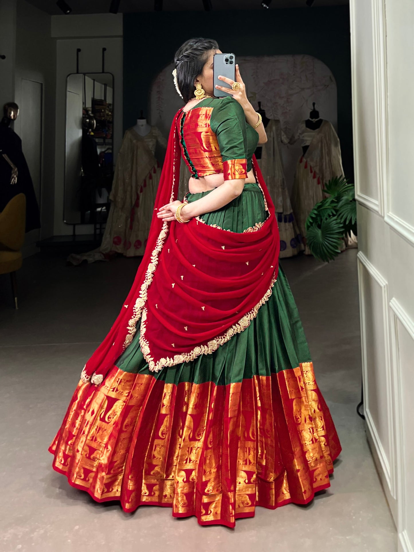 Green colour Narayan Pattu and Zari Weaving Work lehenga and dupatta