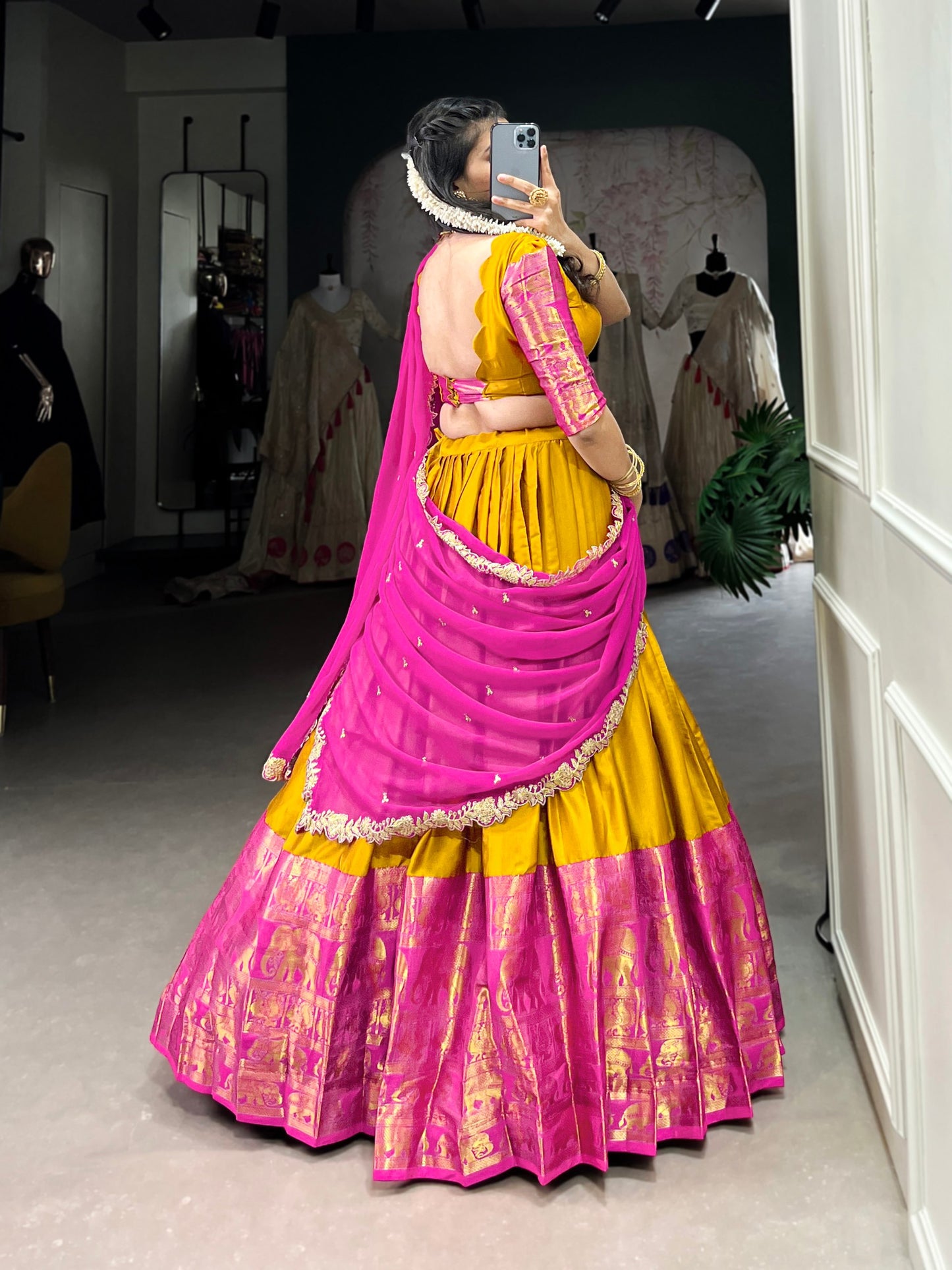 Yellow colour Narayan Pattu and Zari Weaving Work lehenga and dupatta