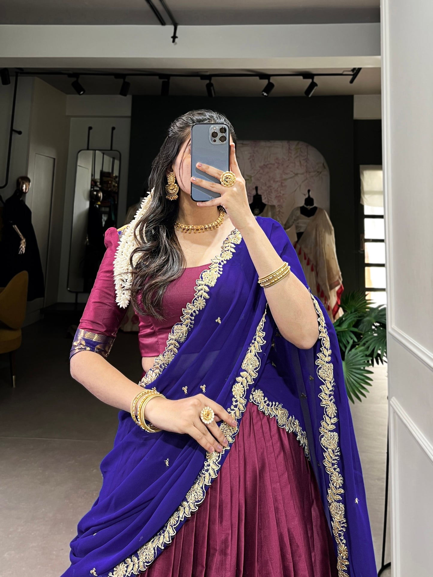 Purple colour Narayan Pattu and Zari Weaving Work lehenga and dupatta