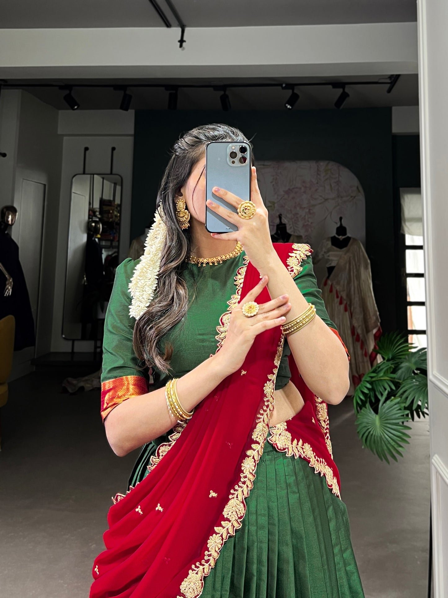 Green colour Narayan Pattu and Zari Weaving Work lehenga and dupatta