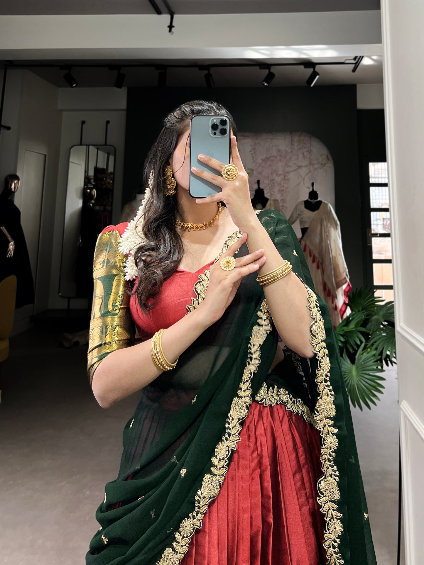 Red colour Narayan Pattu and Zari Weaving Work lehenga and dupatta