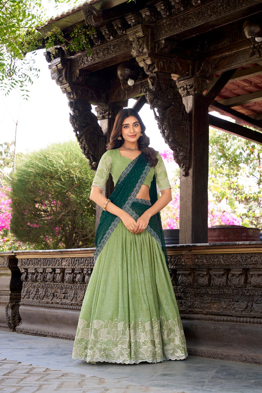 Luxe Green Silver Glossy Lehenga with Thread Embroidery & Hotfix