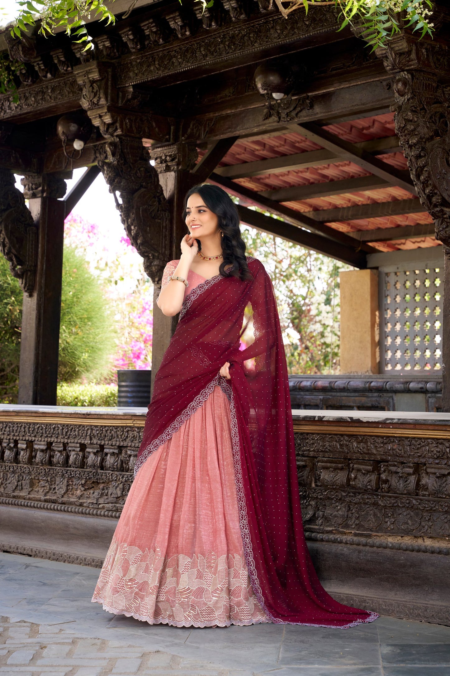 Orange colour Silver Glosy and Sequins and Thread Embroidery Work With Hotfix lehenga with dupatta
