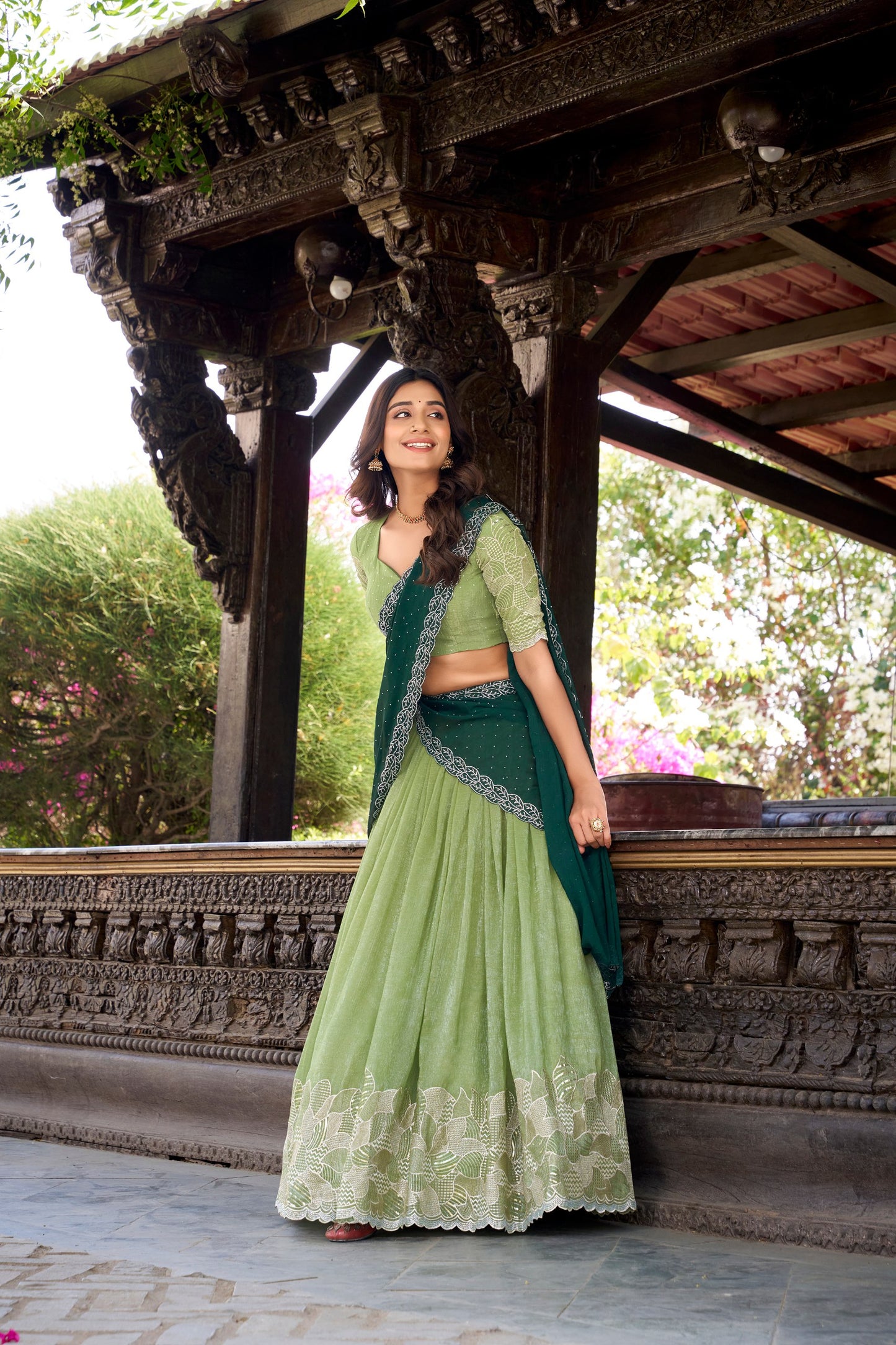 Green colour Silver Glosy and Sequins and Thread Embroidery Work With Hotfix lehenga with dupatta