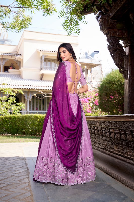 Purple colour Silver Glosy and Sequins and Thread Embroidery Work With Hotfix lehenga with dupatta
