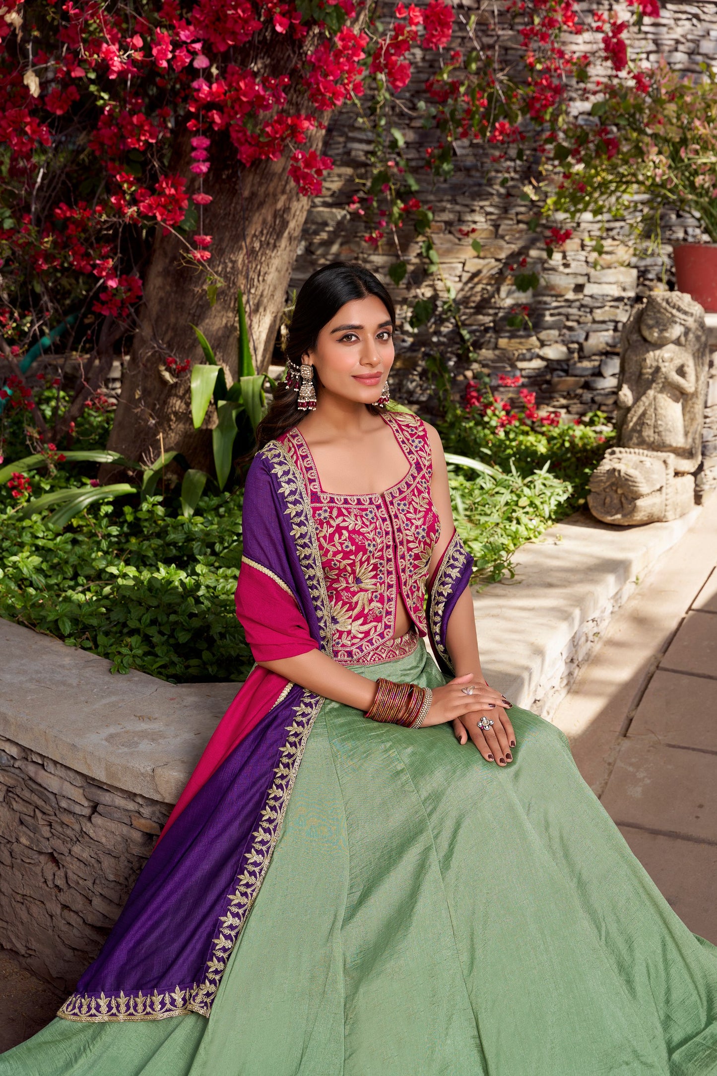 Green colour Vichitra Silk and Plain With Sequins and Thread Embroidery Work Belt lehenga with dupatta