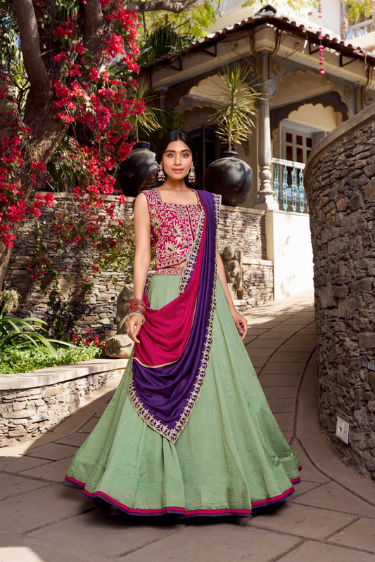 Green colour Vichitra Silk and Plain With Sequins and Thread Embroidery Work Belt  lehenga with dupatta