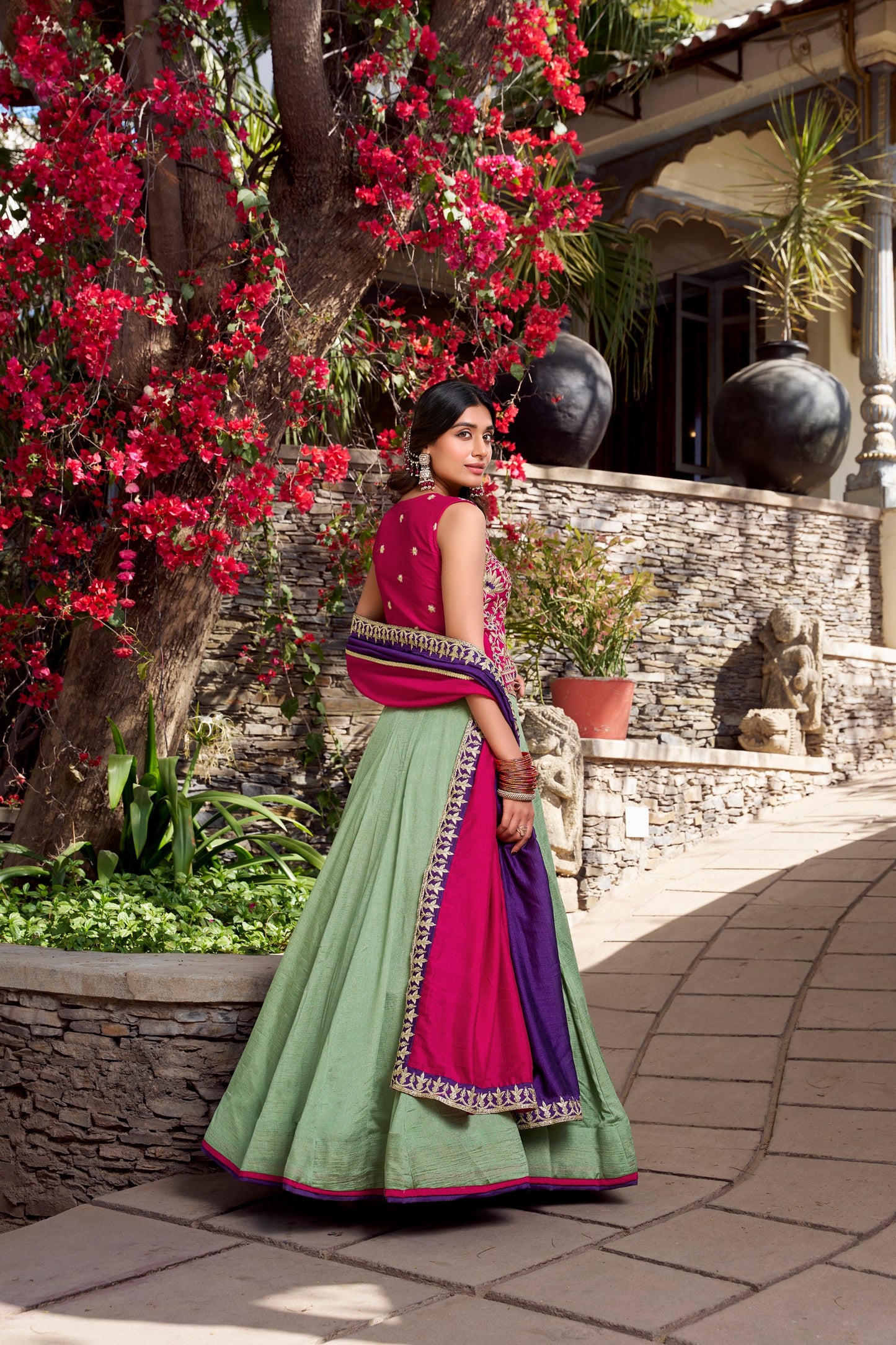 Green colour Vichitra Silk and Plain With Sequins and Thread Embroidery Work Belt lehenga with dupatta