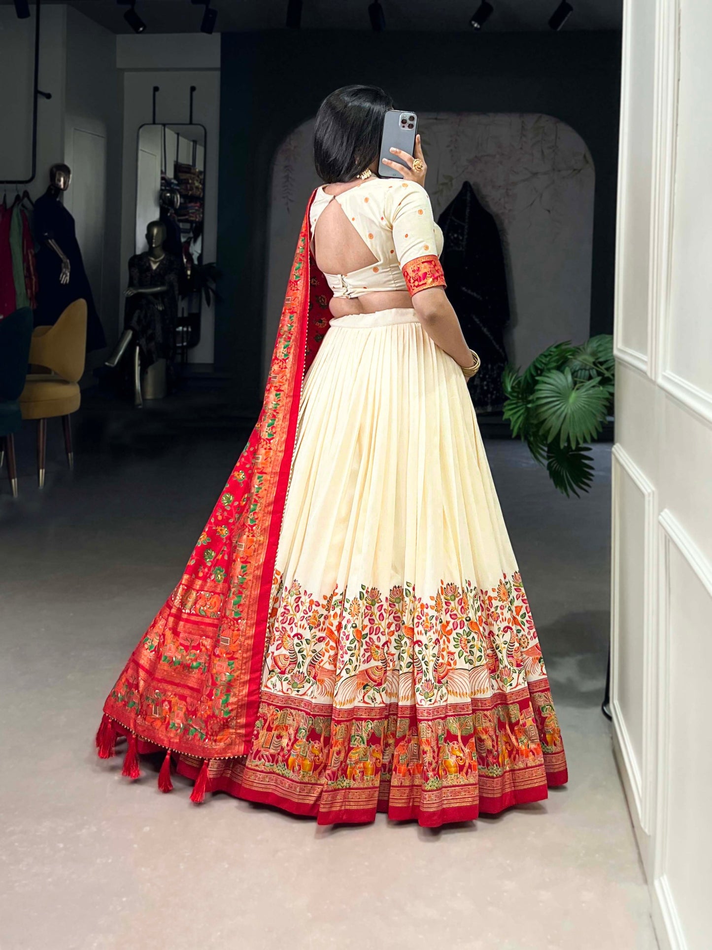 White colour Tussar Silk and Printed With Foil Work lehenga with dupatta