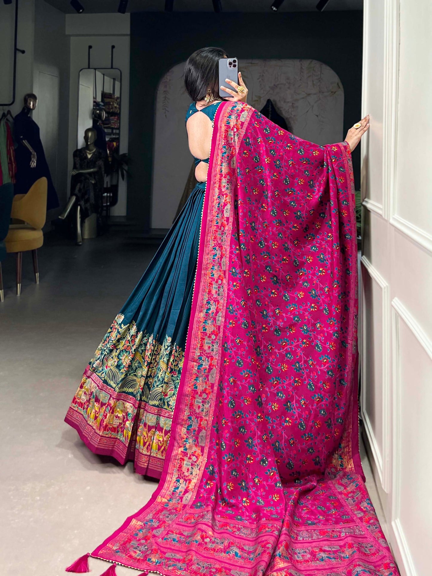 Blue colour Tussar Silk and Printed With Foil Work lehenga with dupatta