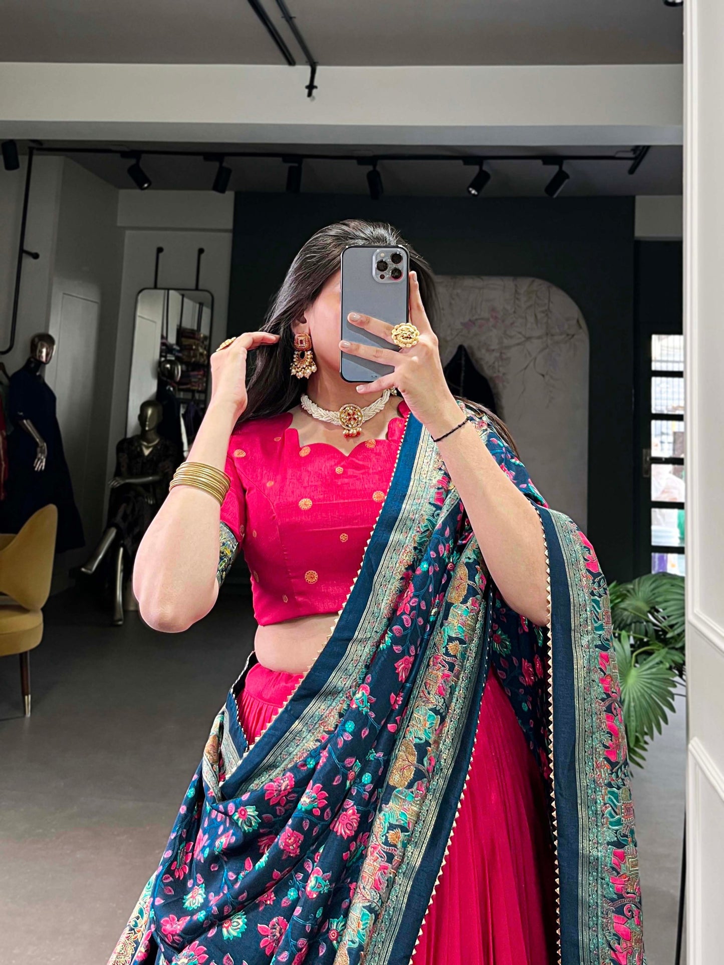 Red colour Tussar Silk and Printed With Foil Work lehenga with dupatta