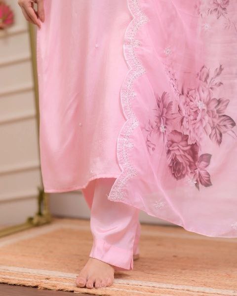 Pink Chanderi Viscose Embroidered Sequence Straight Kurta With Chanderi Viscose Pant And Taby Dupatta Set