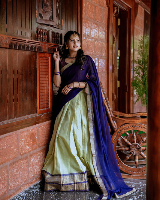 Green colour Kanchipuram and Zari Weaving Work lehenga with duppata