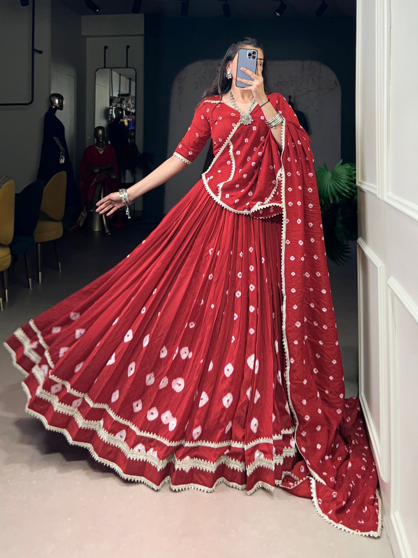 Red Elegant Pure Chanderi Bandhej Print Lehenga Set with Blouse & Dupatta
