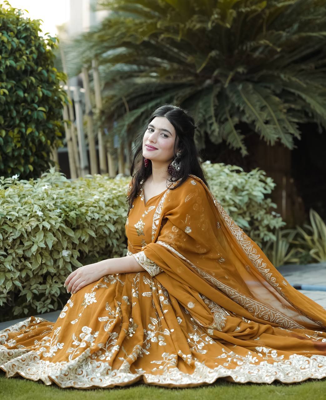 Yellow Color Georgette Fabric With Embroidery Work Suit Set