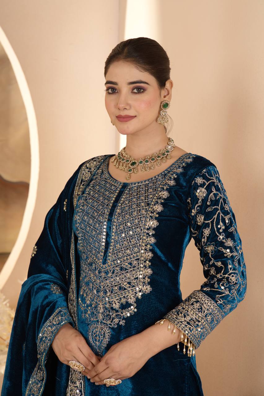 Bule Color Velvet Fabric With Embroidery Work Suit