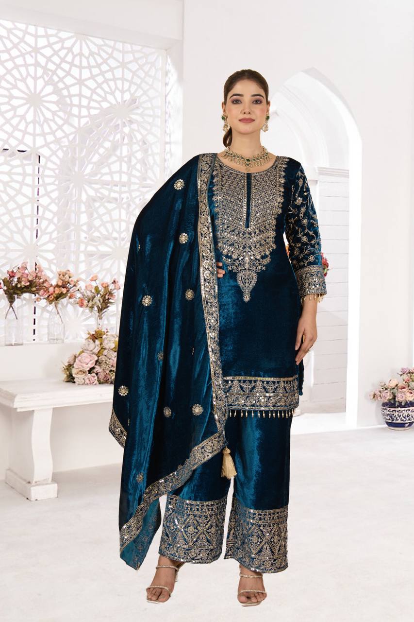 Bule Color Velvet Fabric With Embroidery Work Suit