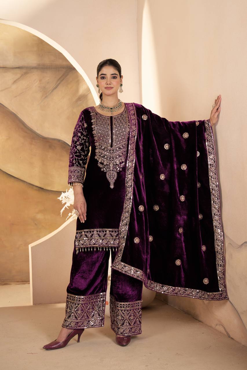 Purple Color Velvet Fabric With Embroidery Work Suit
