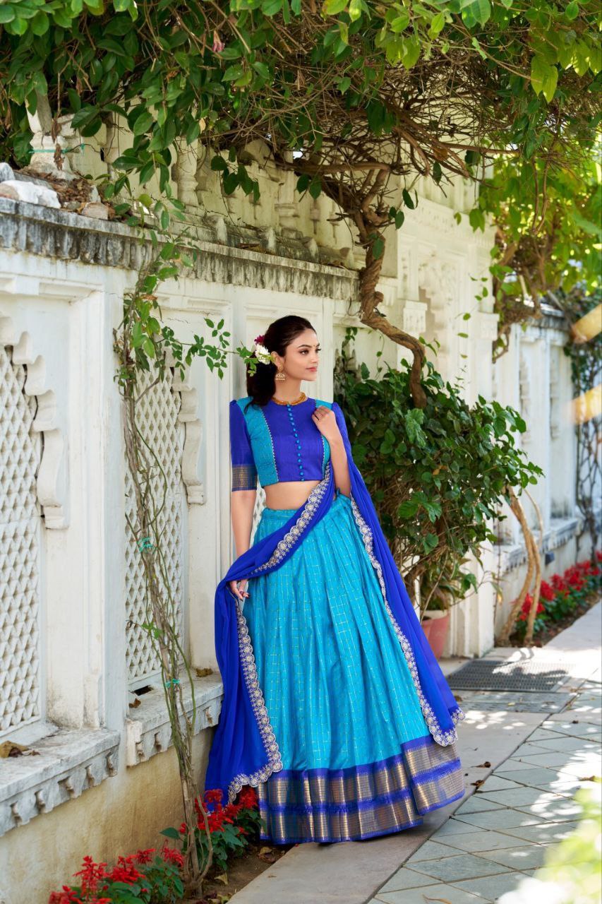 Beautiful Blue Zari Weaving Art Silk Festival Wear Half Saree Lehenga