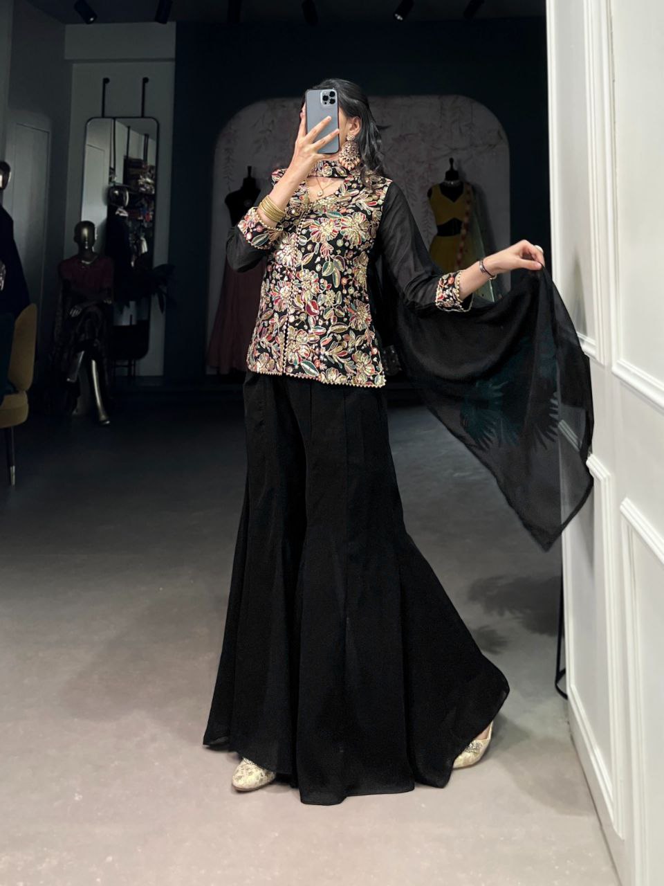 Premium Designer Black Georgette Kurta Palazzo With Dupatta For Wedding & Party