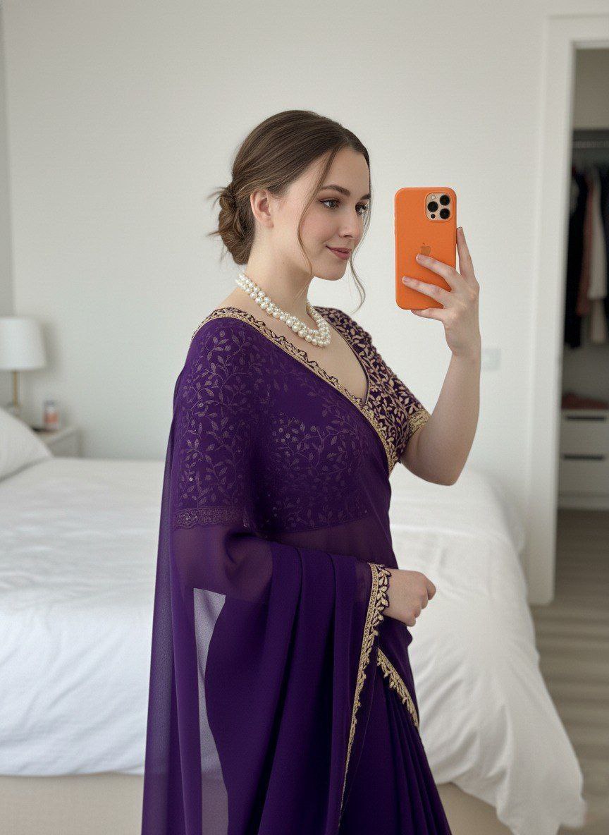 Rangoli Silk-Regal Velvet-Feel Saree with Golden Threadwork Blouse