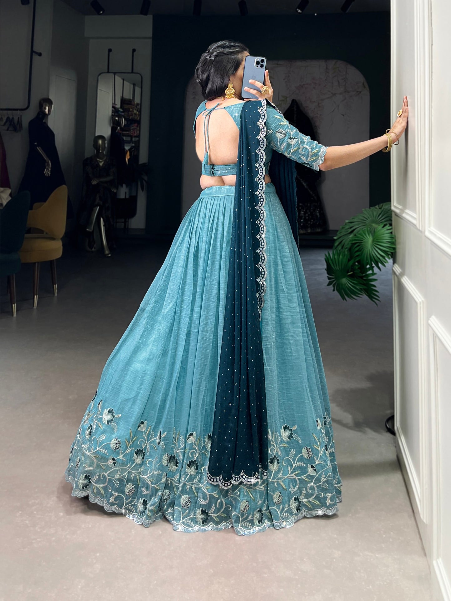 blue Color Silver Glosy and Embroidery Work Lehenga With Dupatta