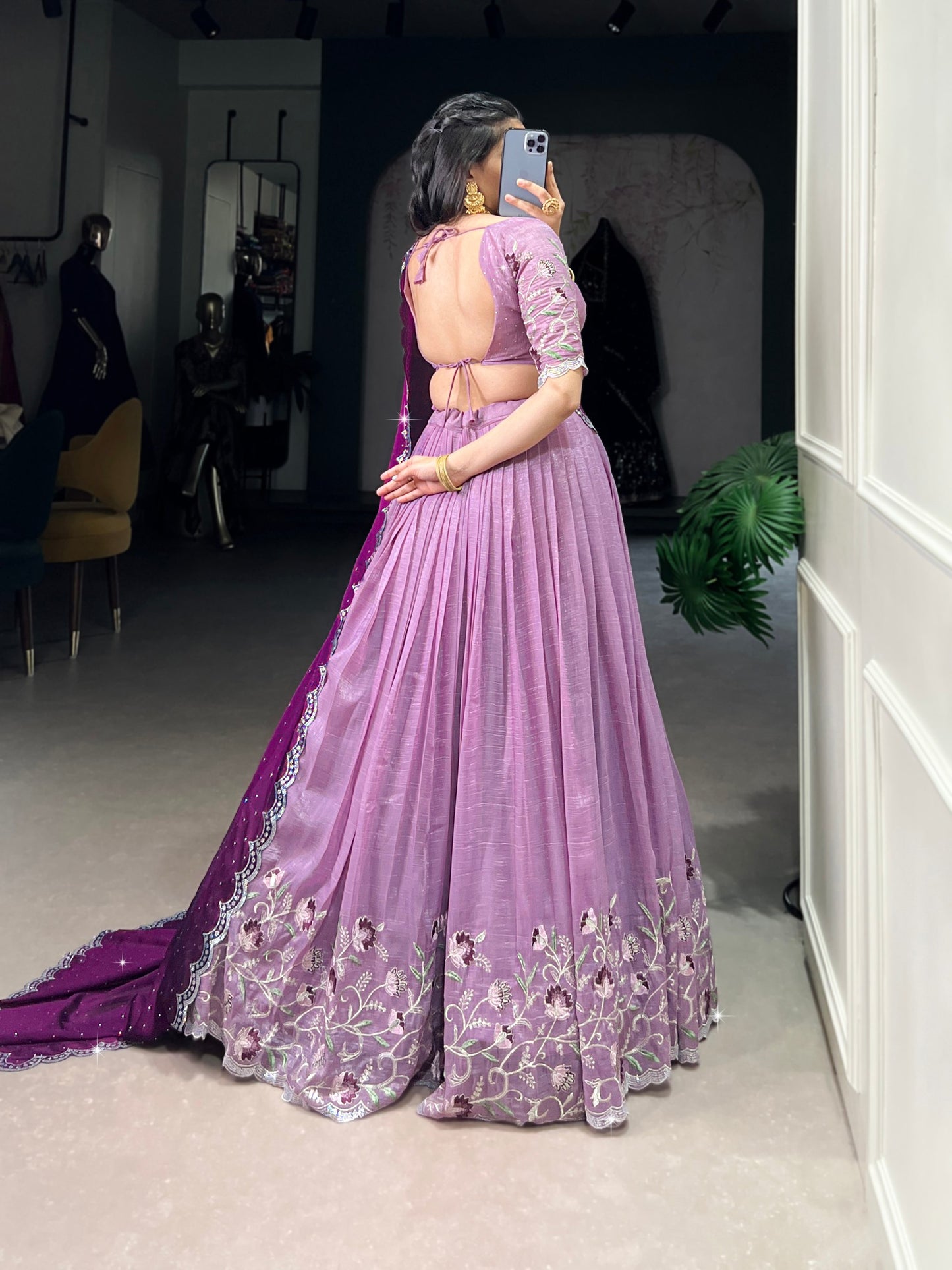 Purple Color Silver Glosy and Embroidery Work Lehenga With Dupatta