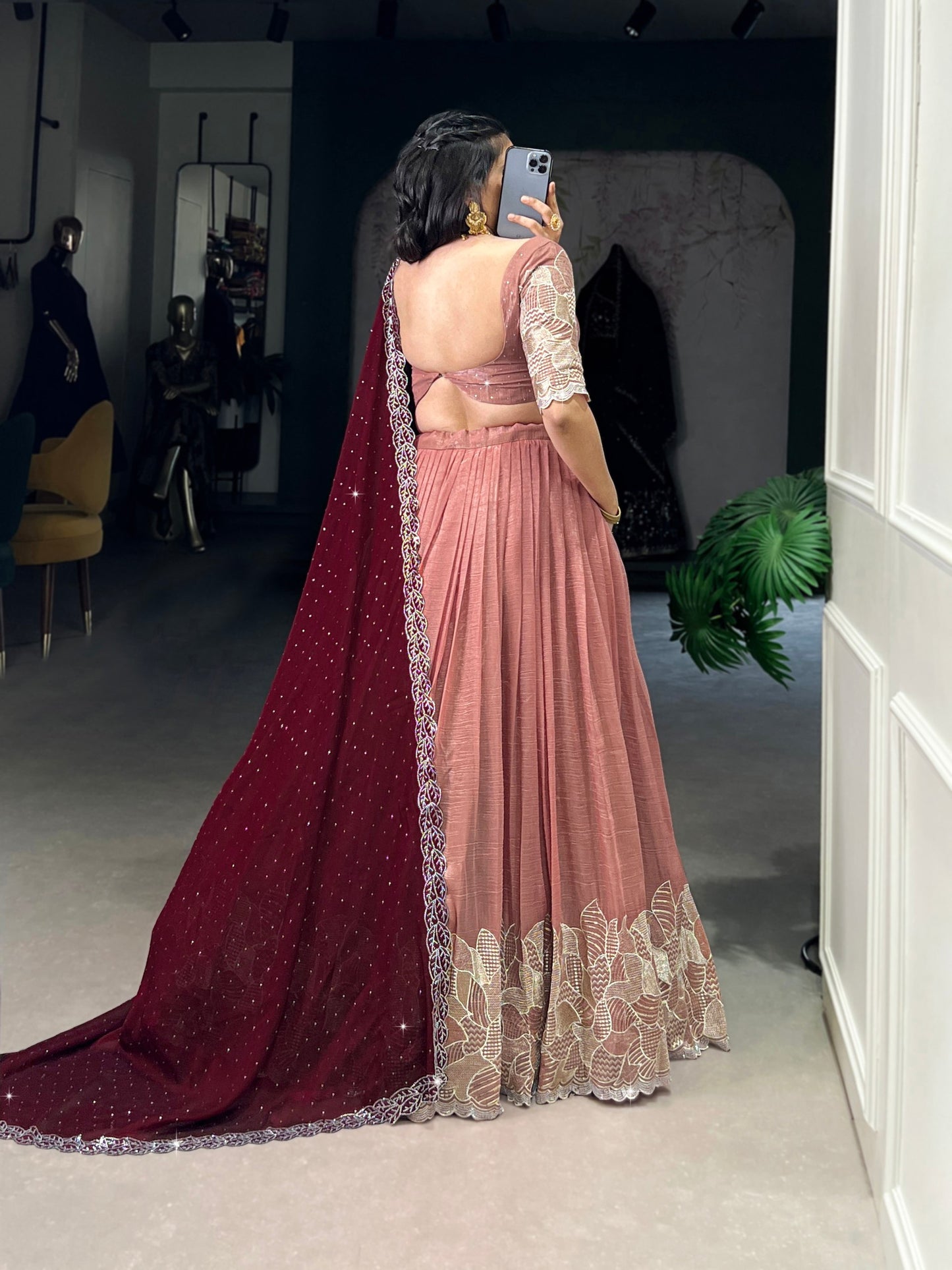 Peach Color Silver Glosy and Embroidery Work Lehenga With Dupatta