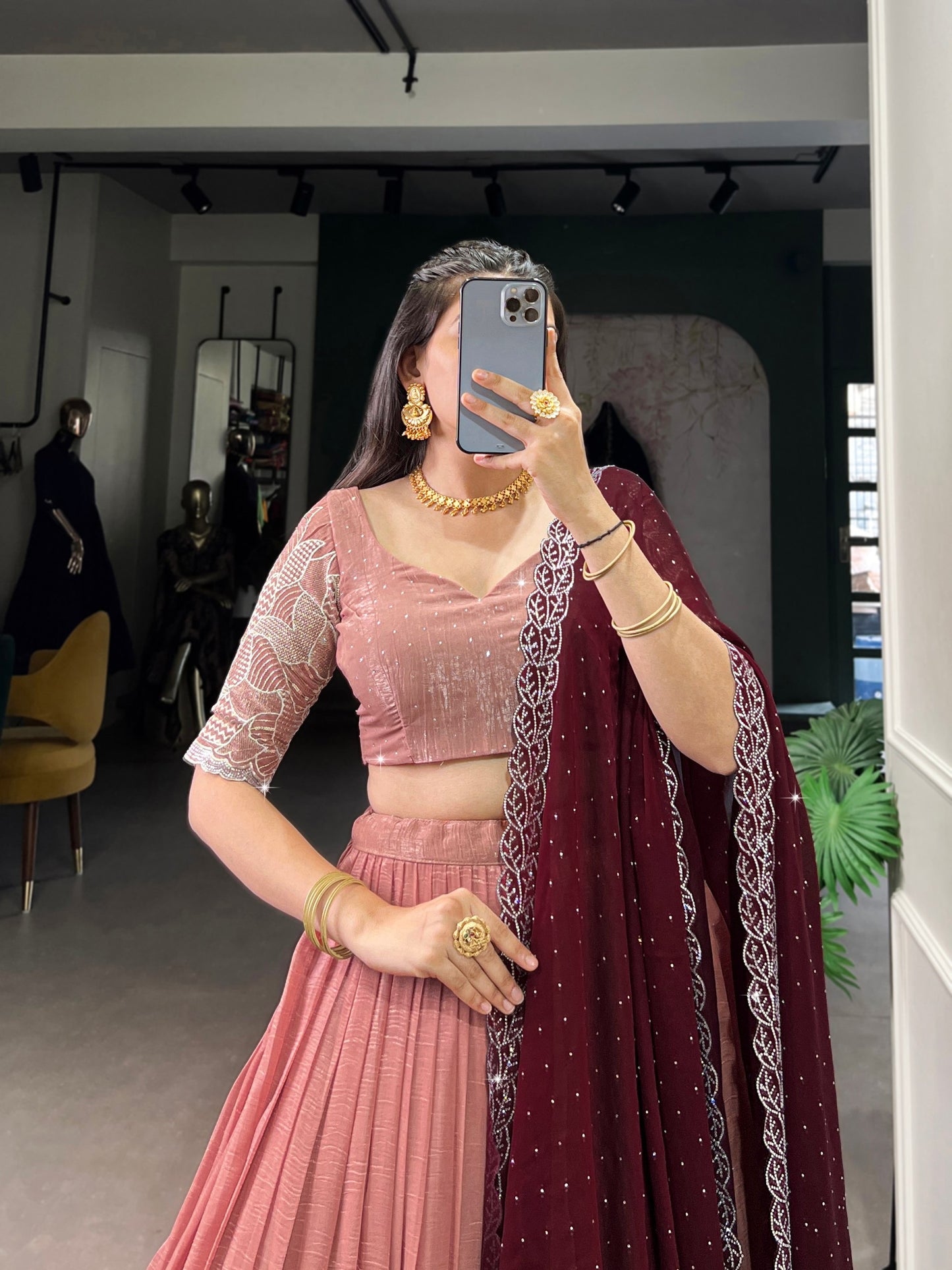 Peach Color Silver Glosy and Embroidery Work Lehenga With Dupatta