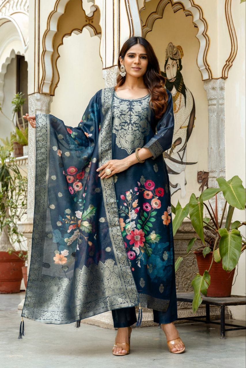 Navy Blue Viscose Chanderi Silk Suit with Zari Weaving and Dupatta Perfect for Festive Wear