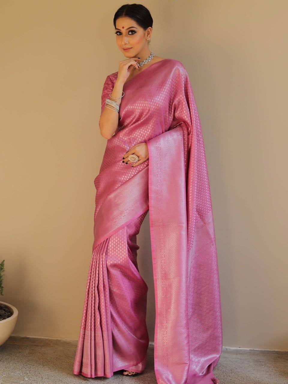 Pink Color Silk Fabric With Jacquard Work Saree Set
