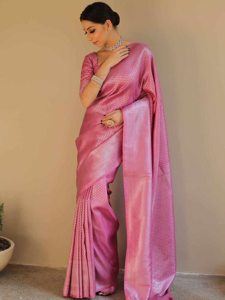 Pink Color Silk Fabric With Jacquard Work Saree Set