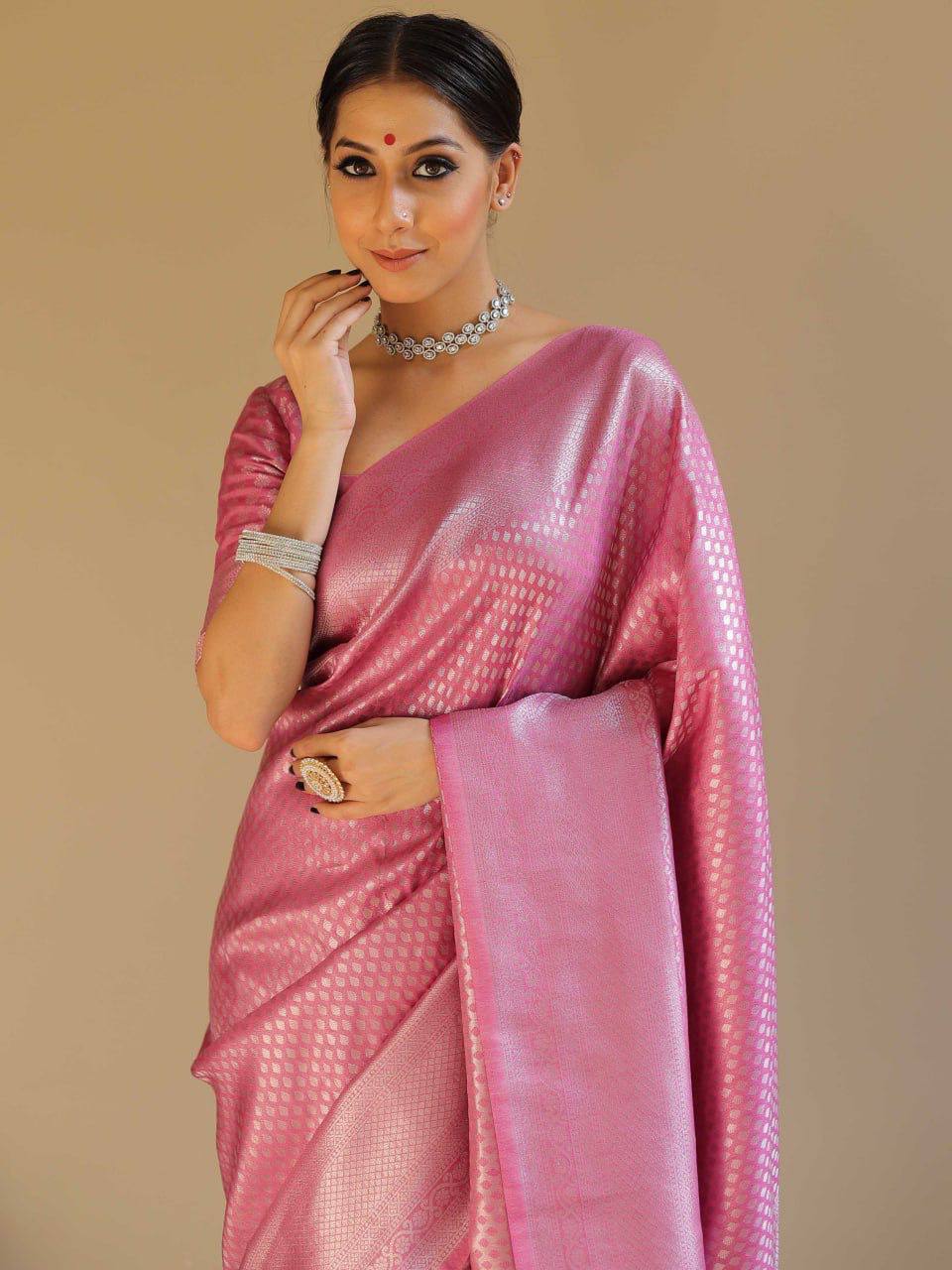Pink Color Silk Fabric With Jacquard Work Saree Set