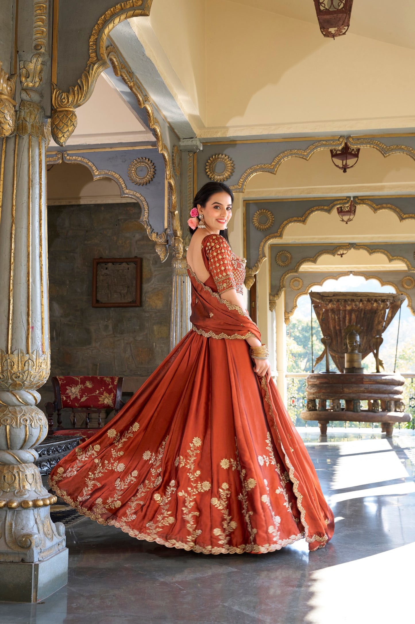 Glamorous Orange Rangoli Silk – Handcrafted with Sequins & Thread Work