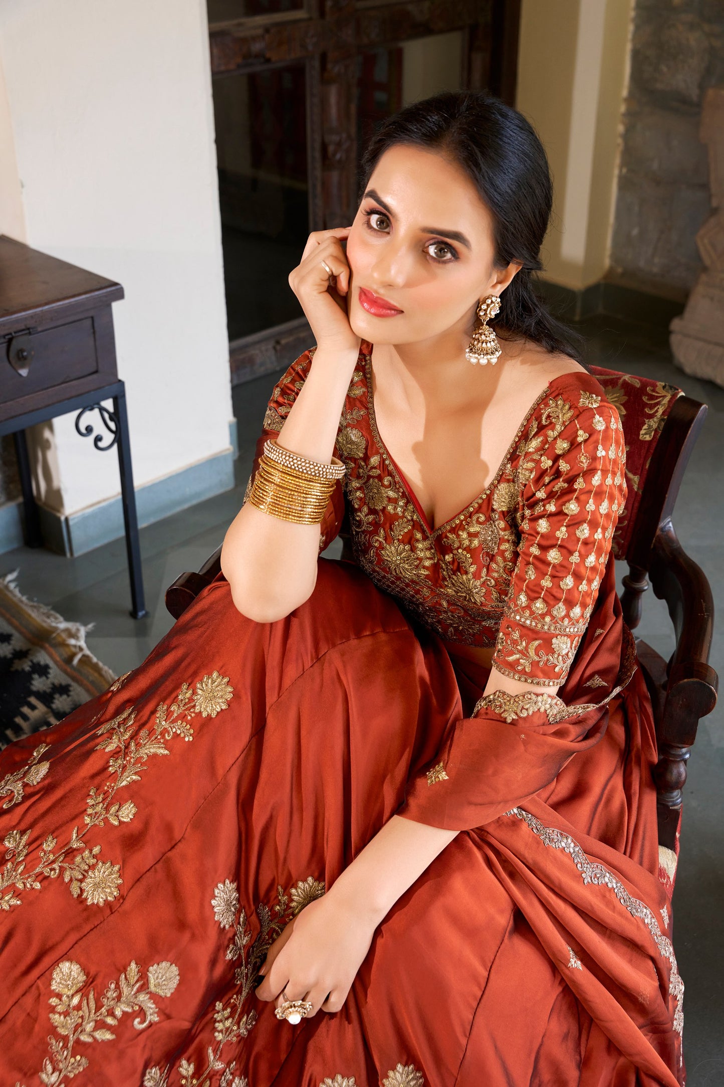 Glamorous Orange Rangoli Silk – Handcrafted with Sequins & Thread Work