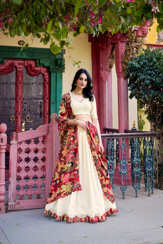 Handcrafted White Vichitra Silk with Fine Thread and Sequins Embroidery