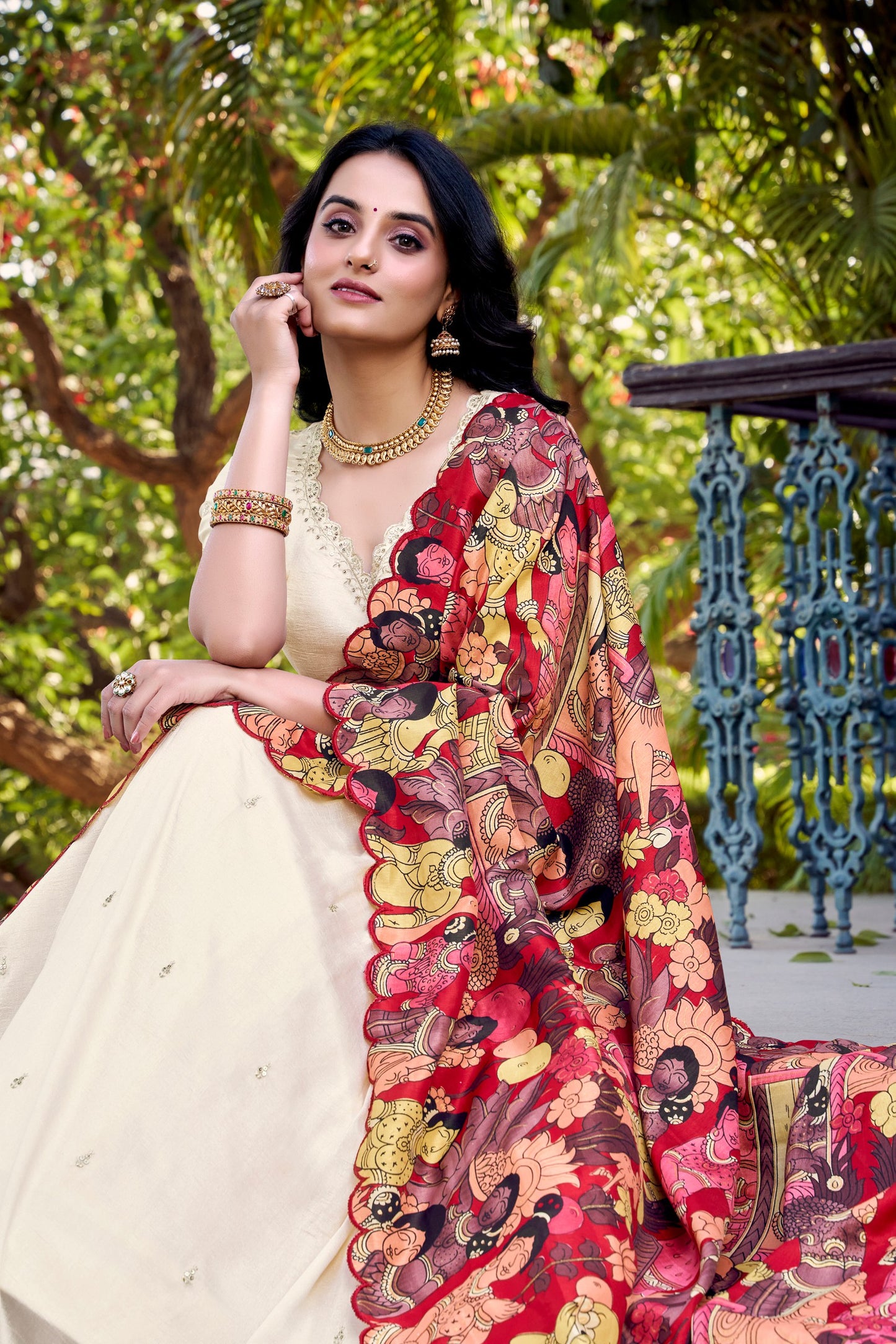 Handcrafted White Vichitra Silk with Fine Thread and Sequins Embroidery