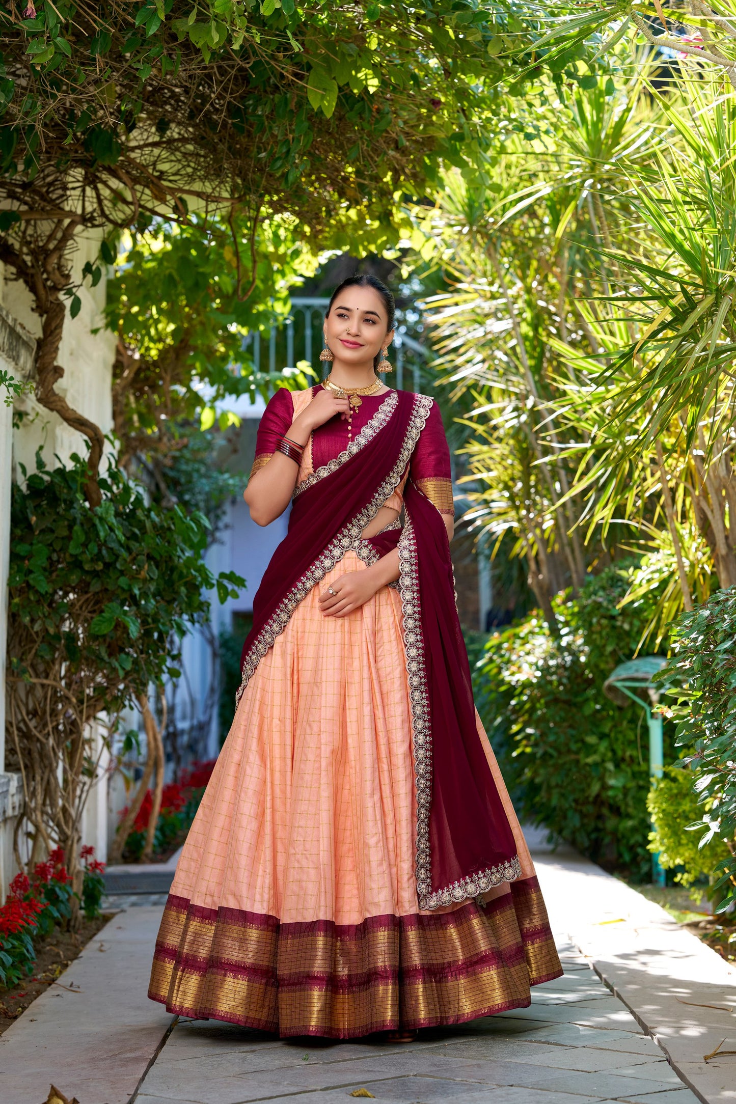 Traditional Peach Red Zari Chex Fabric – Perfect for Draping
