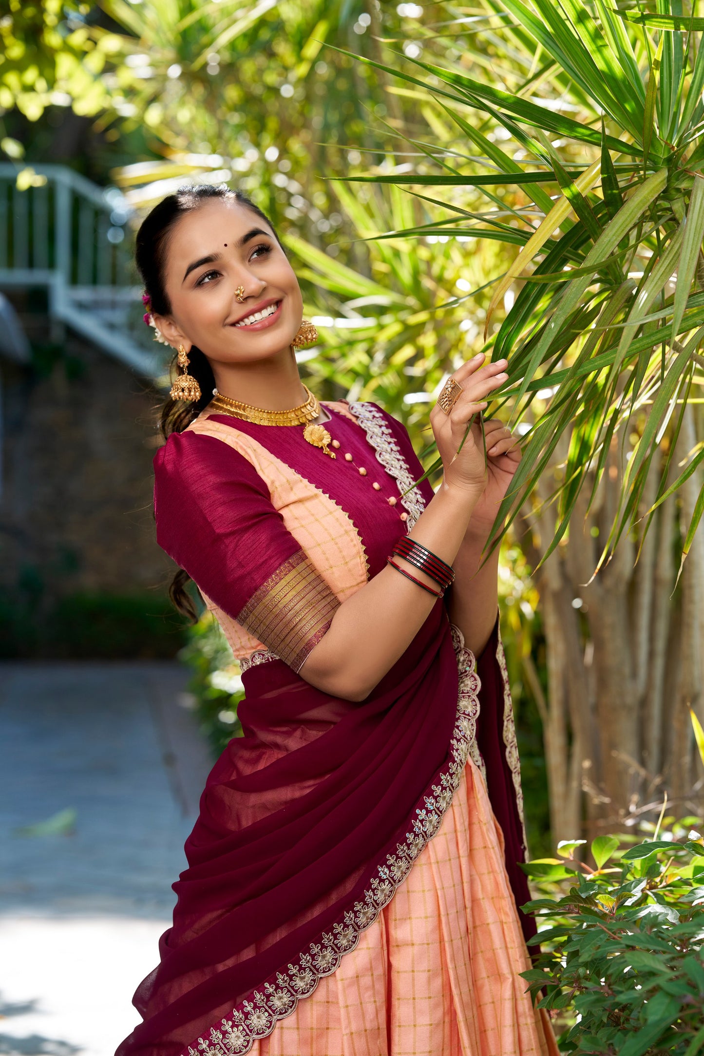 Traditional Peach Red Zari Chex Fabric – Perfect for Draping