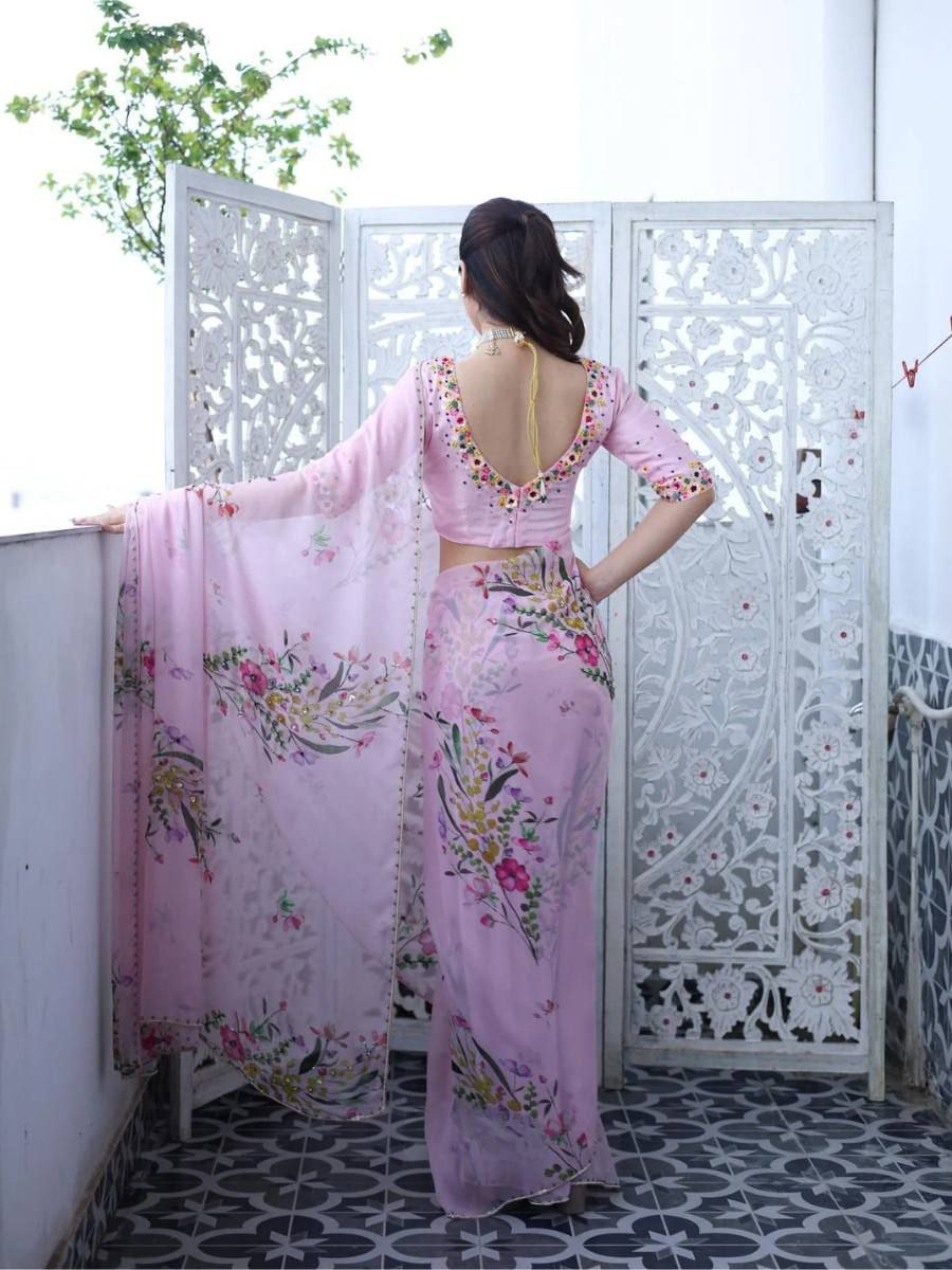 RICH CELEBRITY STYLE HANDWORK SOFT TABI FLOWER PRINT ORGANZA SAREE