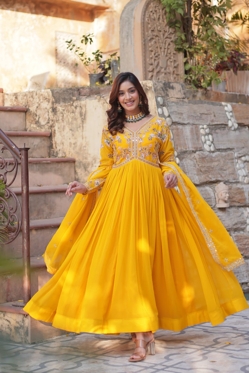 Yellow Color Blooming Fabric with Embroidery Work Gown Set