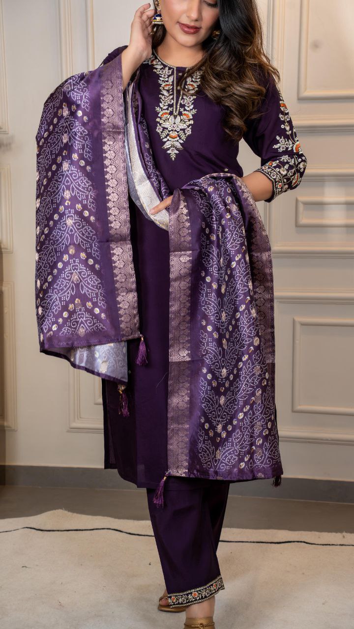 Dark Purple Color Embroidery work Kurti With Bandhani Print Dupatta Set