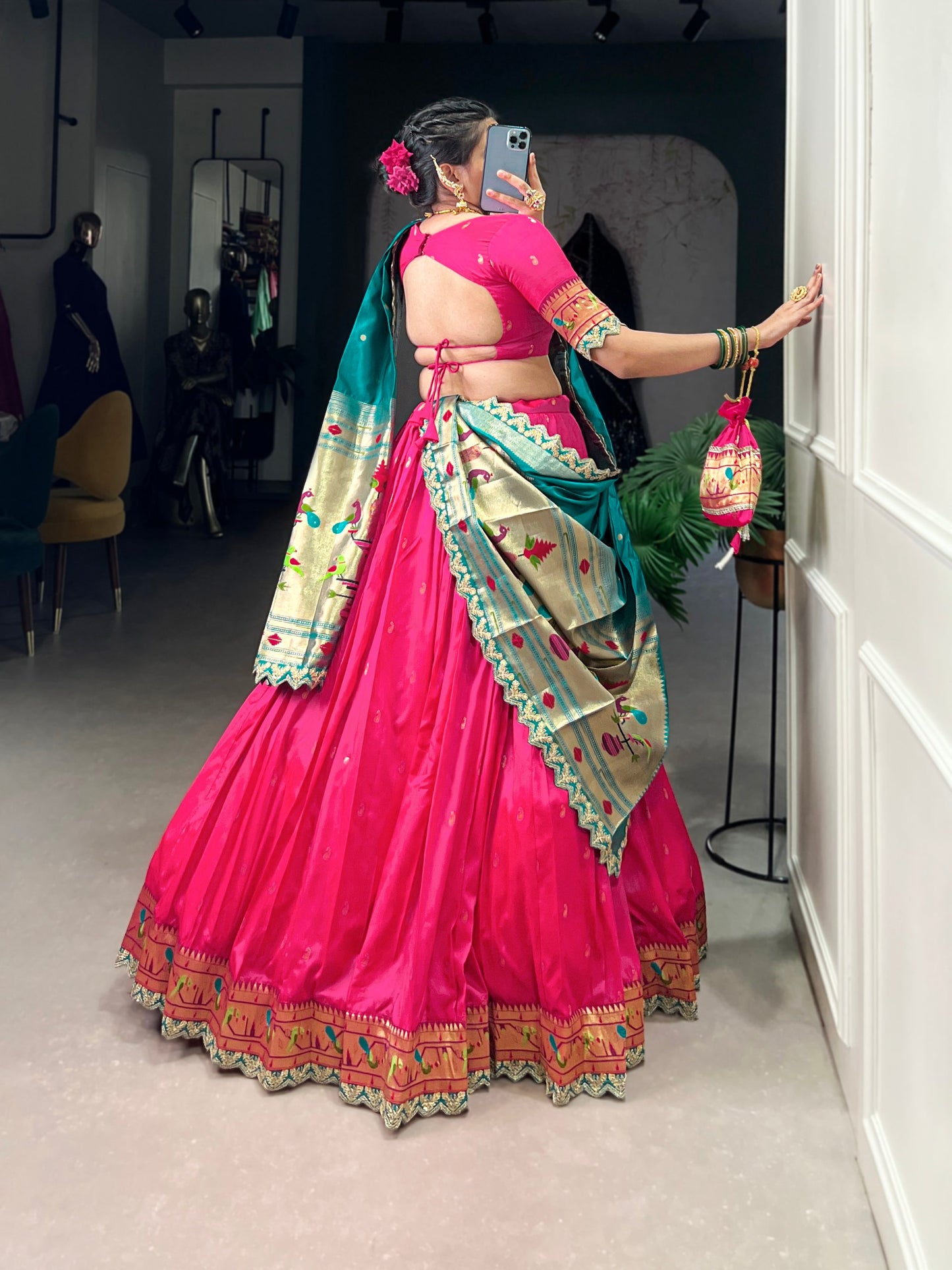 Pink Paithani Jacquard Silk Lehenga with Embroidery Work