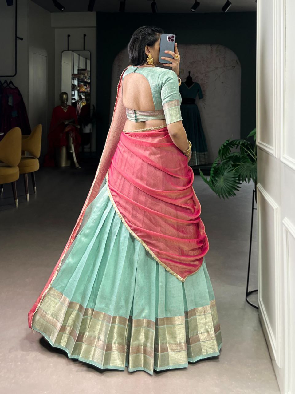 Sky Blue Dupion Silk Lace Zari Work Lehenga Choli