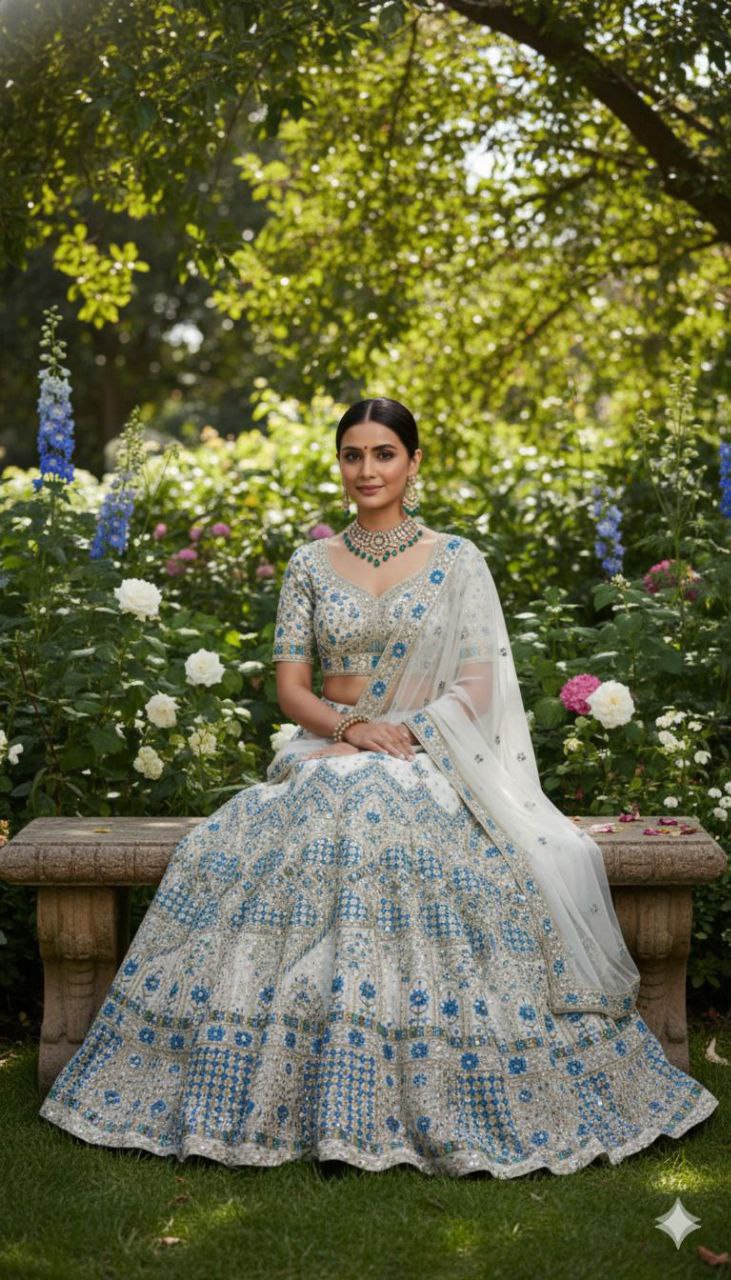 Elagance White Fox Georgette Sequins Embroidered Work Lehenga