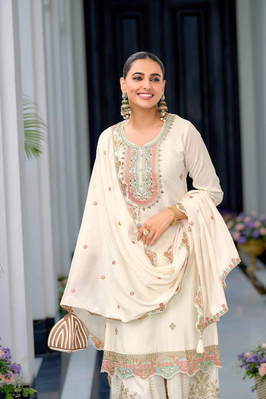 Elagance cream heavy chinon silk With Embroidery work Sharara set