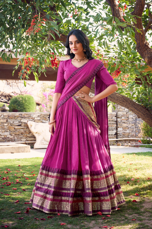 Pink Chanderi Lehenga with Subtle Plain Body and Zari Border